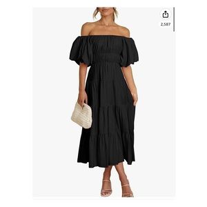 Black Off The Shoulder Dress Puff Sleeve Summer Flowy Smocked Midi Dress